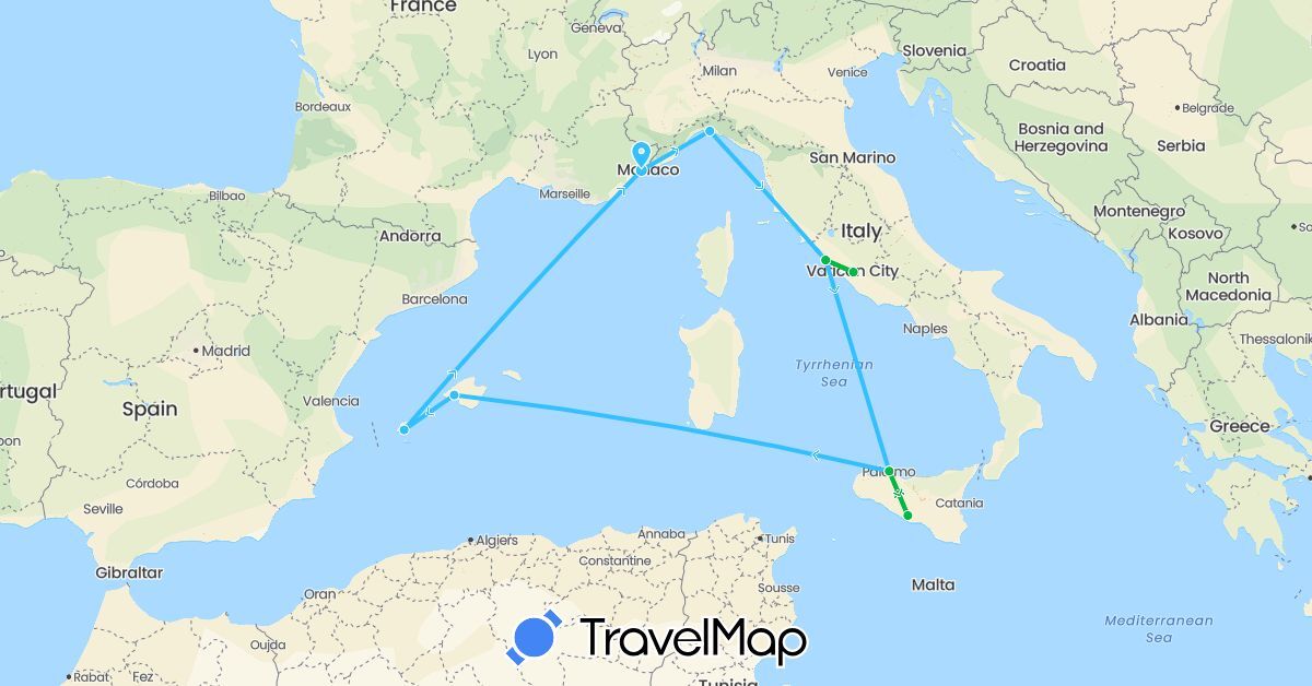 TravelMap itinerary: driving, bus, boat in Spain, France, Italy (Europe)